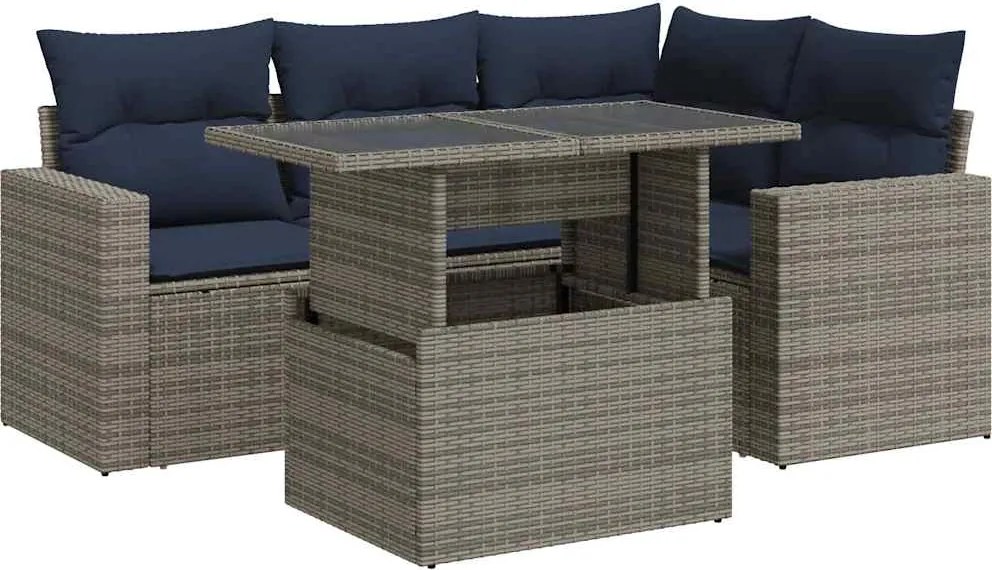 vidaXL 5 részes szürke polyrattan akácfa kerti ülőgarnitúra párnákkal