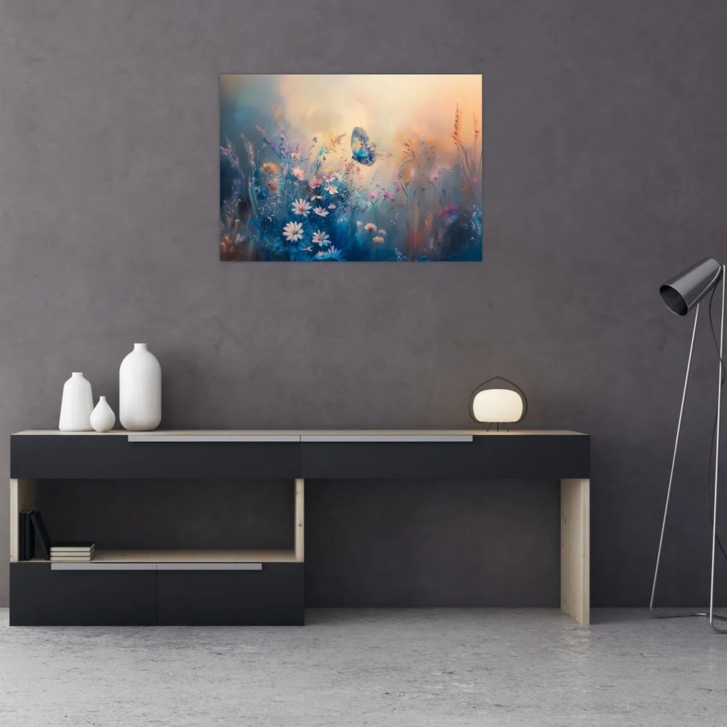 Üveg kép - Rét pillangóval (70x50 cm)