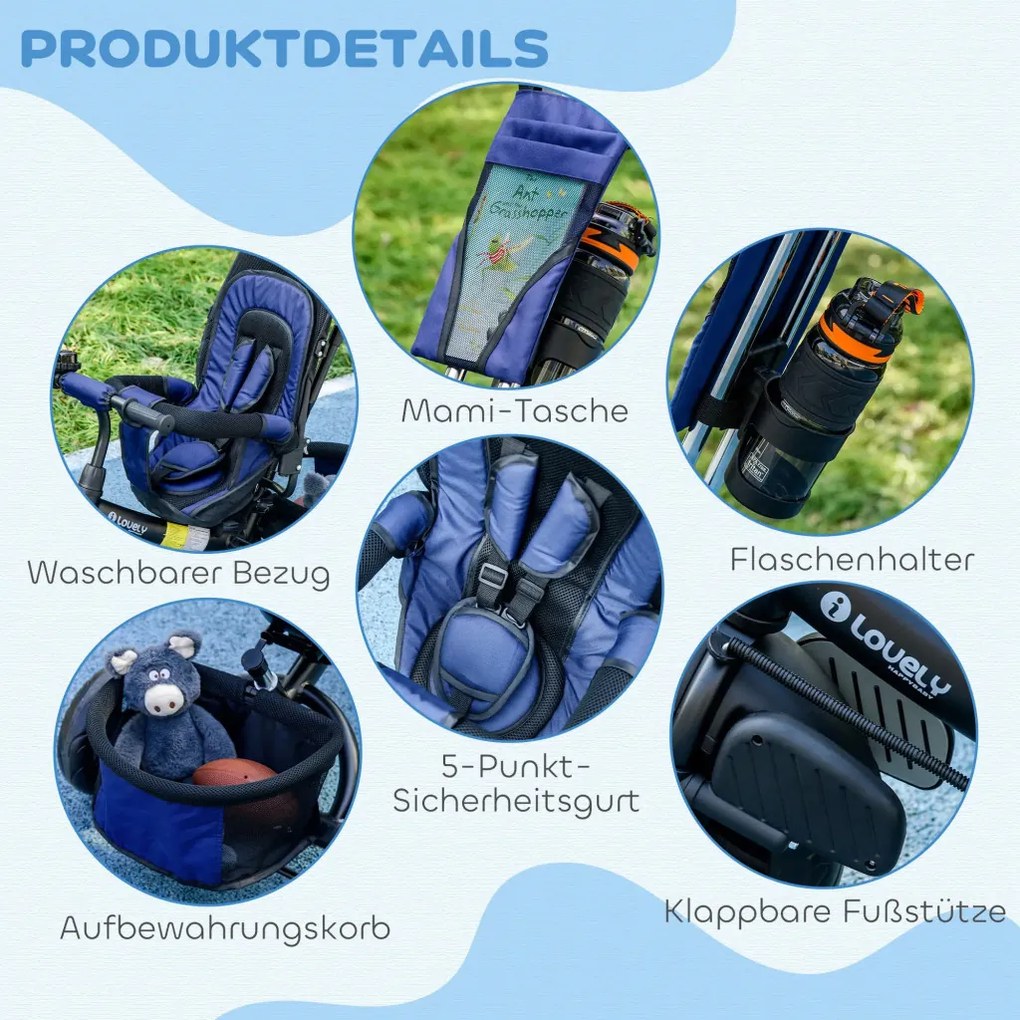 HOMCOM Gyermek Tricikli, gyermek bicikli, hátsó kosár, pohártartó, napellenző, fém, királykék