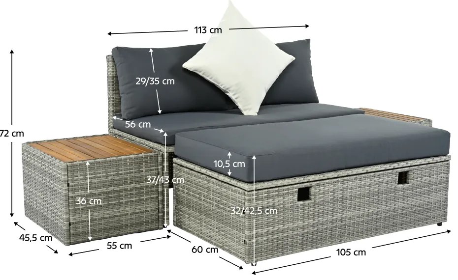 Kerti rattan szett DEBRA, szürke/természetes/krém