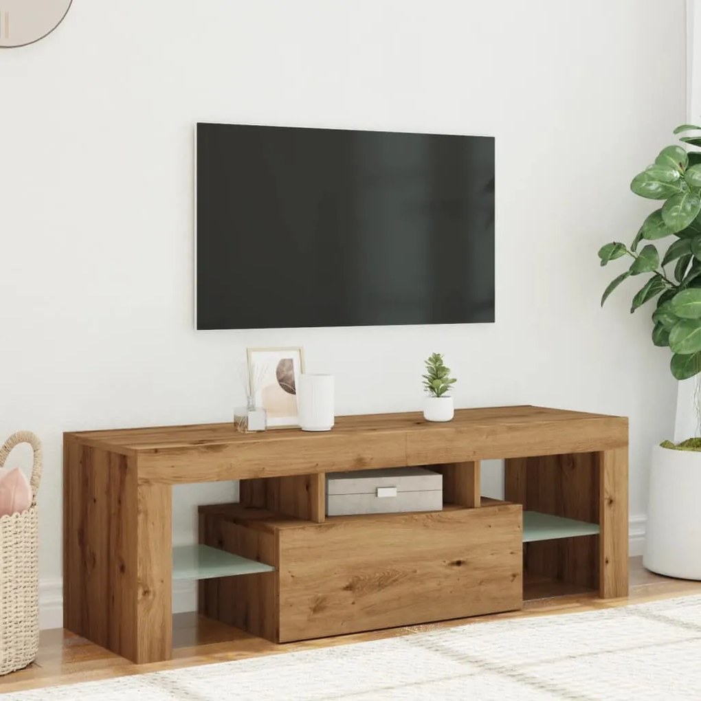 kézműves tölgy szerelt fa TV-szekrény LED-ekkel 120x36,5x40 cm