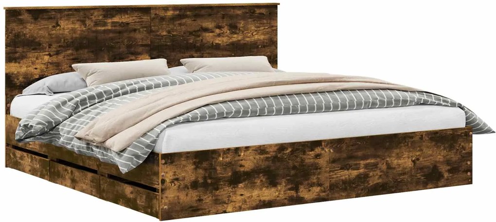 vidaXL Ágykeret fiókkal Füstölt tölgy 200 x 200 cm Mérnöki Fa