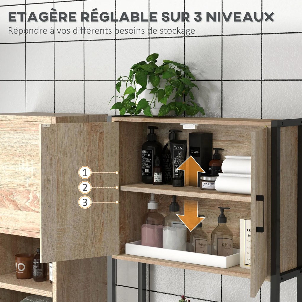 kleankin WC Polc Fürdőszoba Szekrény Toalett Fölött 2 Ajtós Szekrénnyel és Nyitott Polccal 64L x 19W x 178H cm Tölgy és Fekete | Aosom