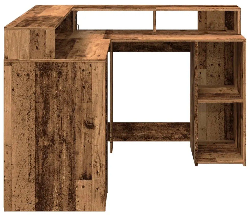 antik fa színű szerelt fa íróasztal LED-ekkel 130 x 130 x 91 cm