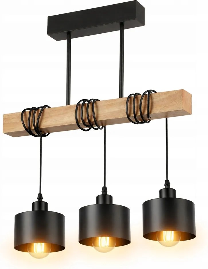 Mennyezeti Függő Lámpa Fekete 3x E27 Modern Loft Csillár Fa Tölgy