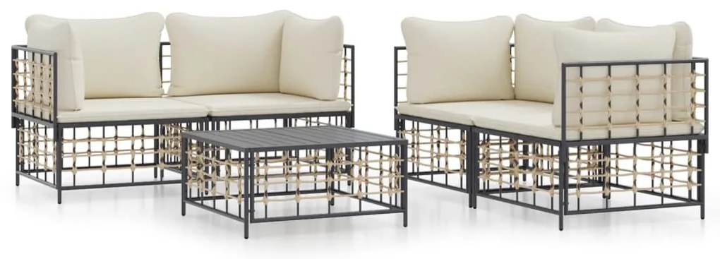 5 részes antracitszürke polyrattan kerti ülőgarnitúra párnákkal