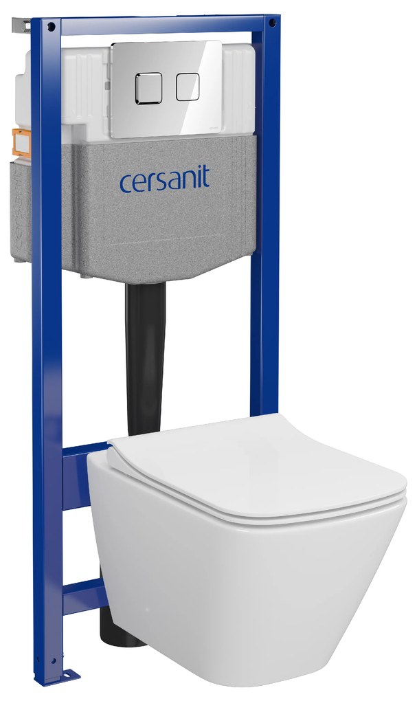 Cersanit City, System50 PNEU süllyesztett keret + függő WC csésze City Square CleanOn + króm gomb Circle, S701-776