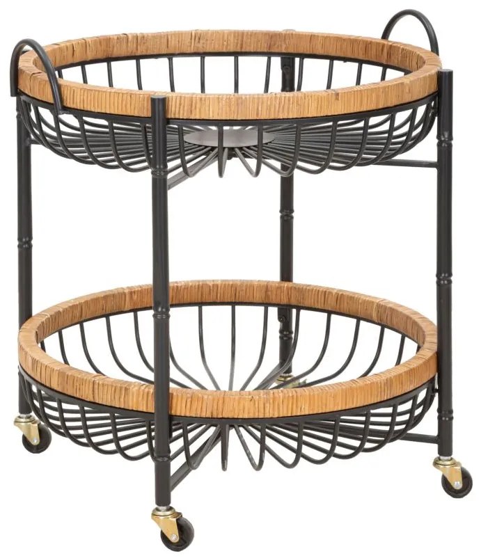 Kerek tálalókocsi fekete fém vázzal és rattan díszítéssel