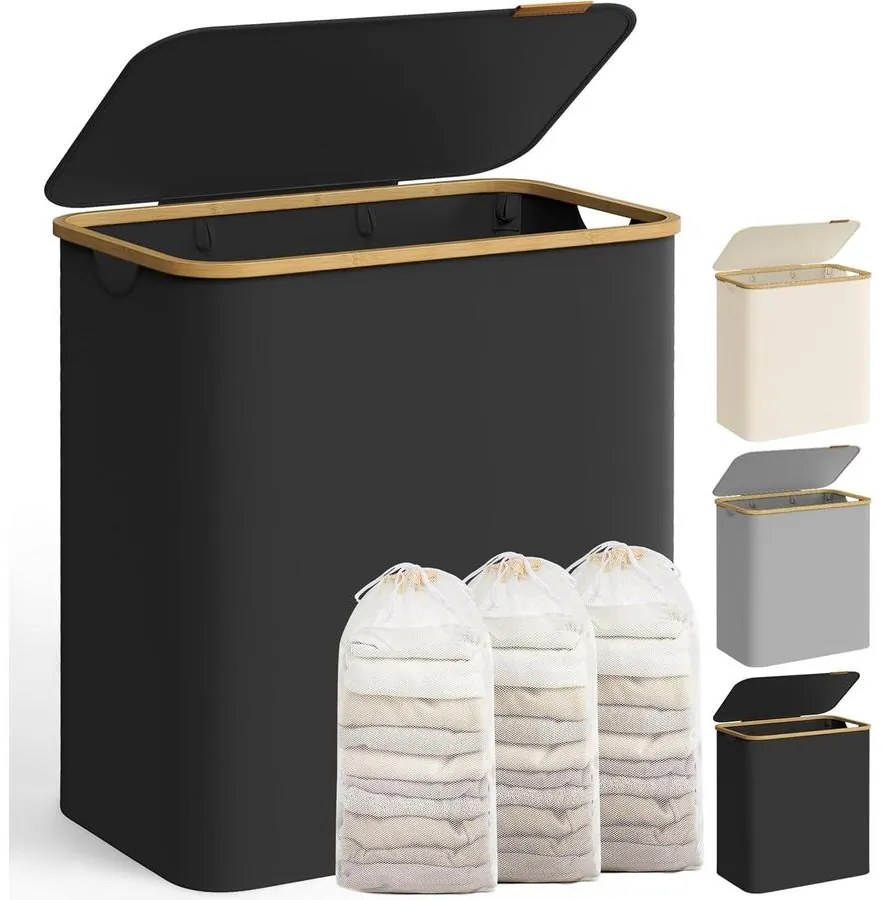SONGMICS szennyeskosár fedéllel – 3 rekeszes ruhagyűjtő, 150 L űrtartalommal fekete színben
