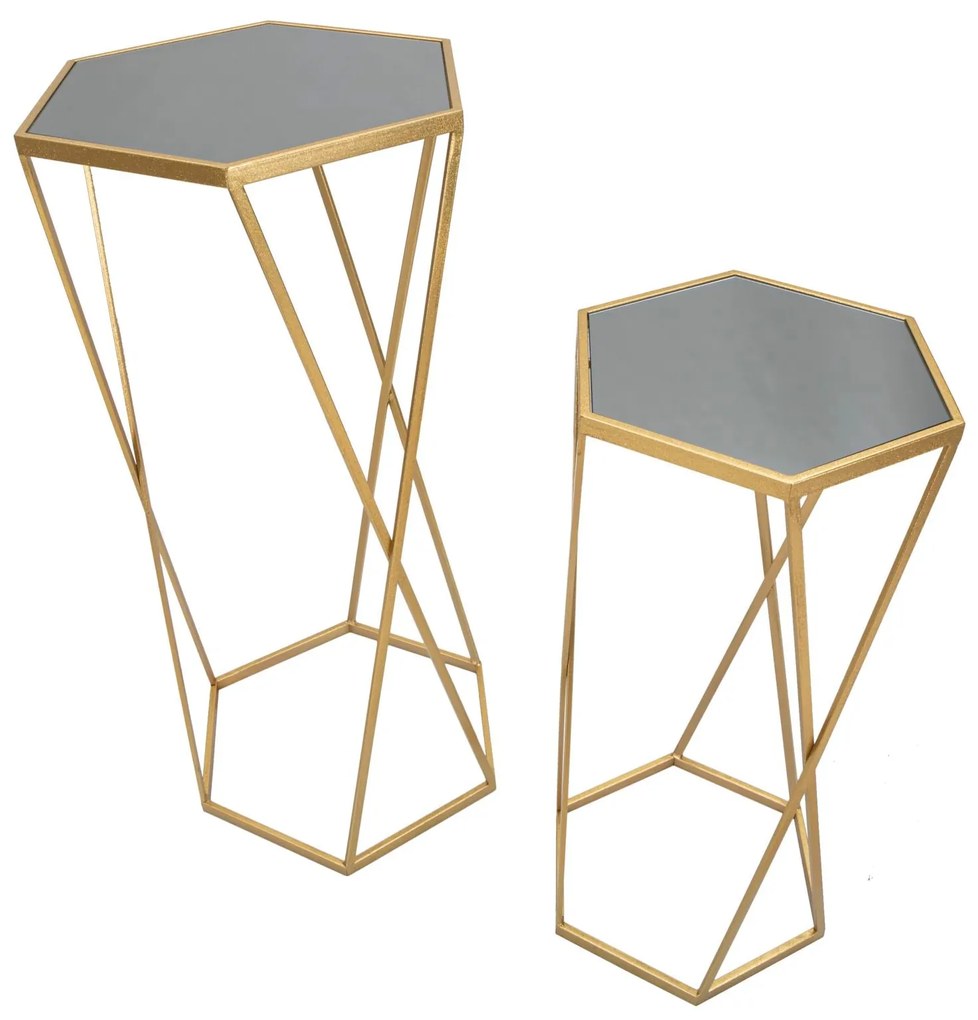 Hatszögletű Arany színű modern kisasztal szett tükör üveglappal – 2 db