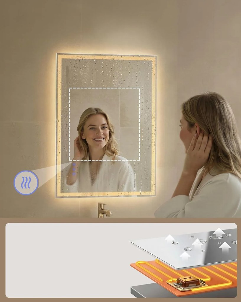 SONGMICS LED-es fürdőszobai tükör, 71x51 cm, páramentesítő funkció, fehér