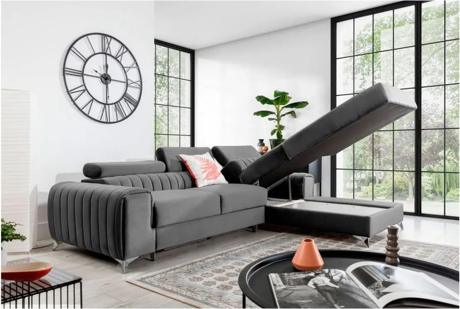 Szürke bársony kinyitható-tárolóhelyes sarokkanapé (jobb oldali-heverő résszel) Grayson – ELTAP