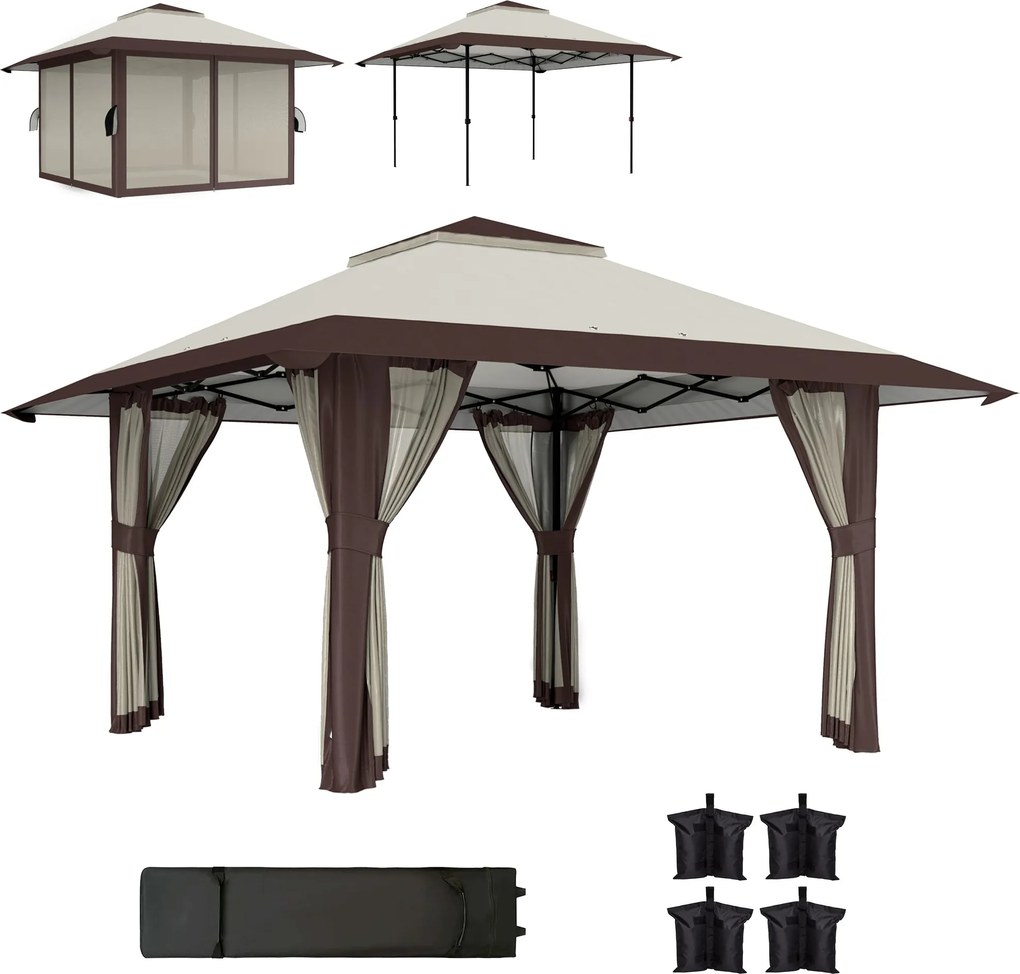 Outsunny 4x4m Vízálló Állítható Magasságú Gyorsan Felállítható Összecsukható Pavilon Hálóval UV 50+ Mobil Partytáborozó Sátor, Kerti Pavilon Válltáská