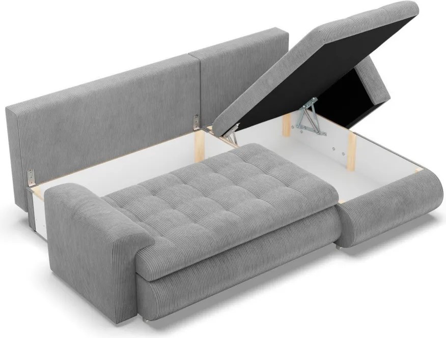 Tokio sarokkanapé, 2 ágyneműtartóval, kordbársony, jobboldali, szürke