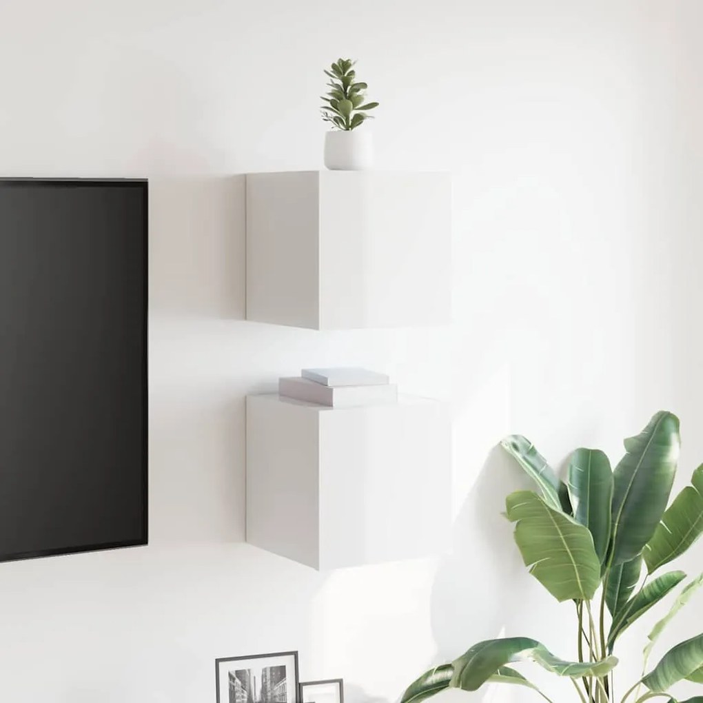 2 db magasfényű fehér falra szerelhető TV-szekrény 30,5x30x30cm