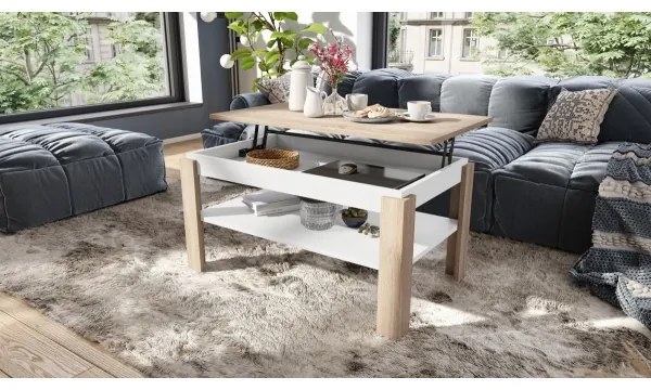 Bővíthető dohányzóasztal emelhető asztallappal és polccal ADEN sonoma tölgy/fehér