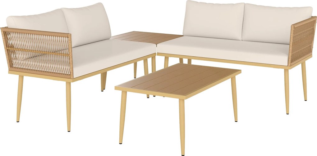 Outsunny 4 Részes Rattan Kerti Bútor Készlet, Kültéri Pihenő 2 Kétfős Kanapéval, 2 Kávézóasztallal és Mosható Párnákkal, Fémből, UV-álló, Természetes