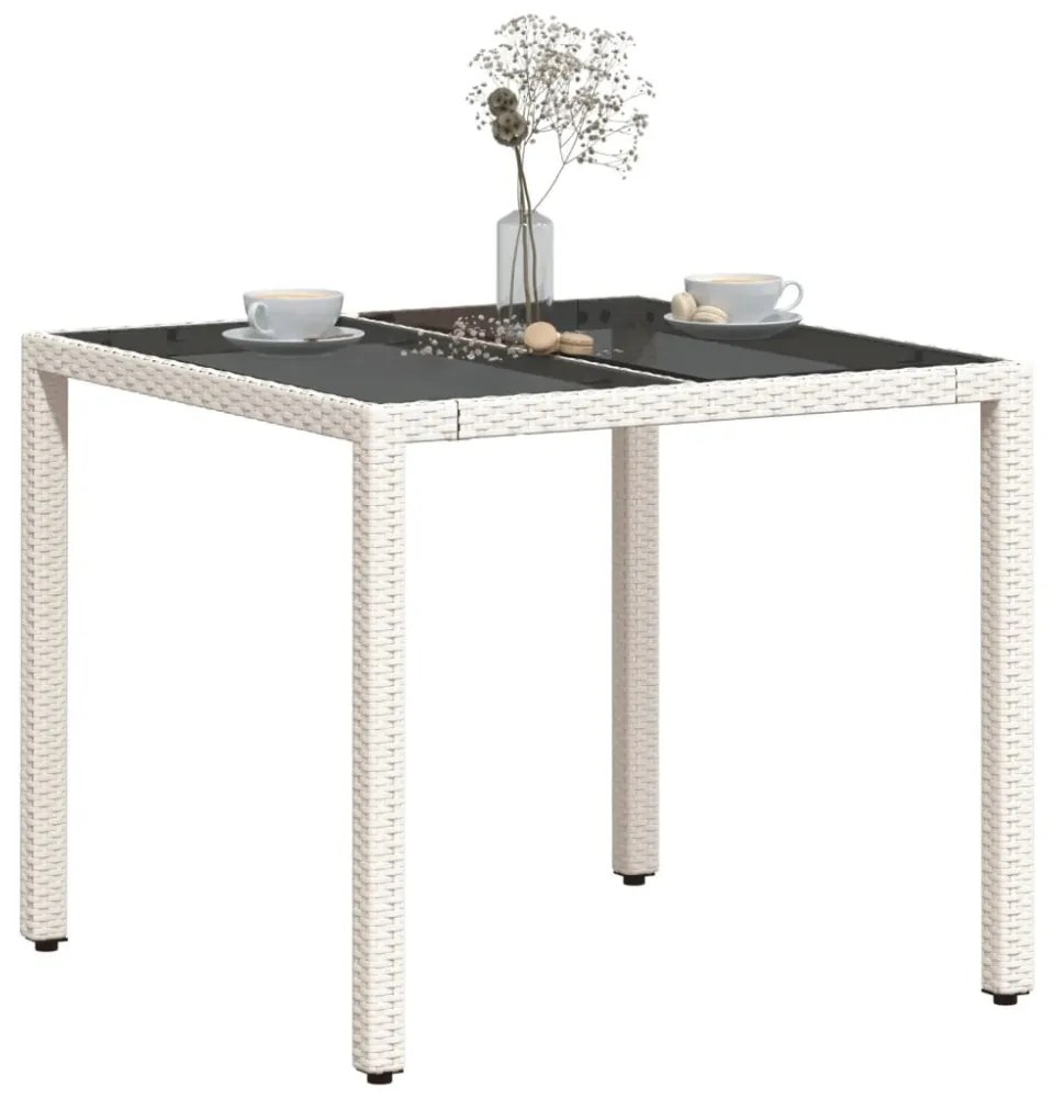 fehér polyrattan üveglapos kerti asztal 90 x 90 x 75 cm