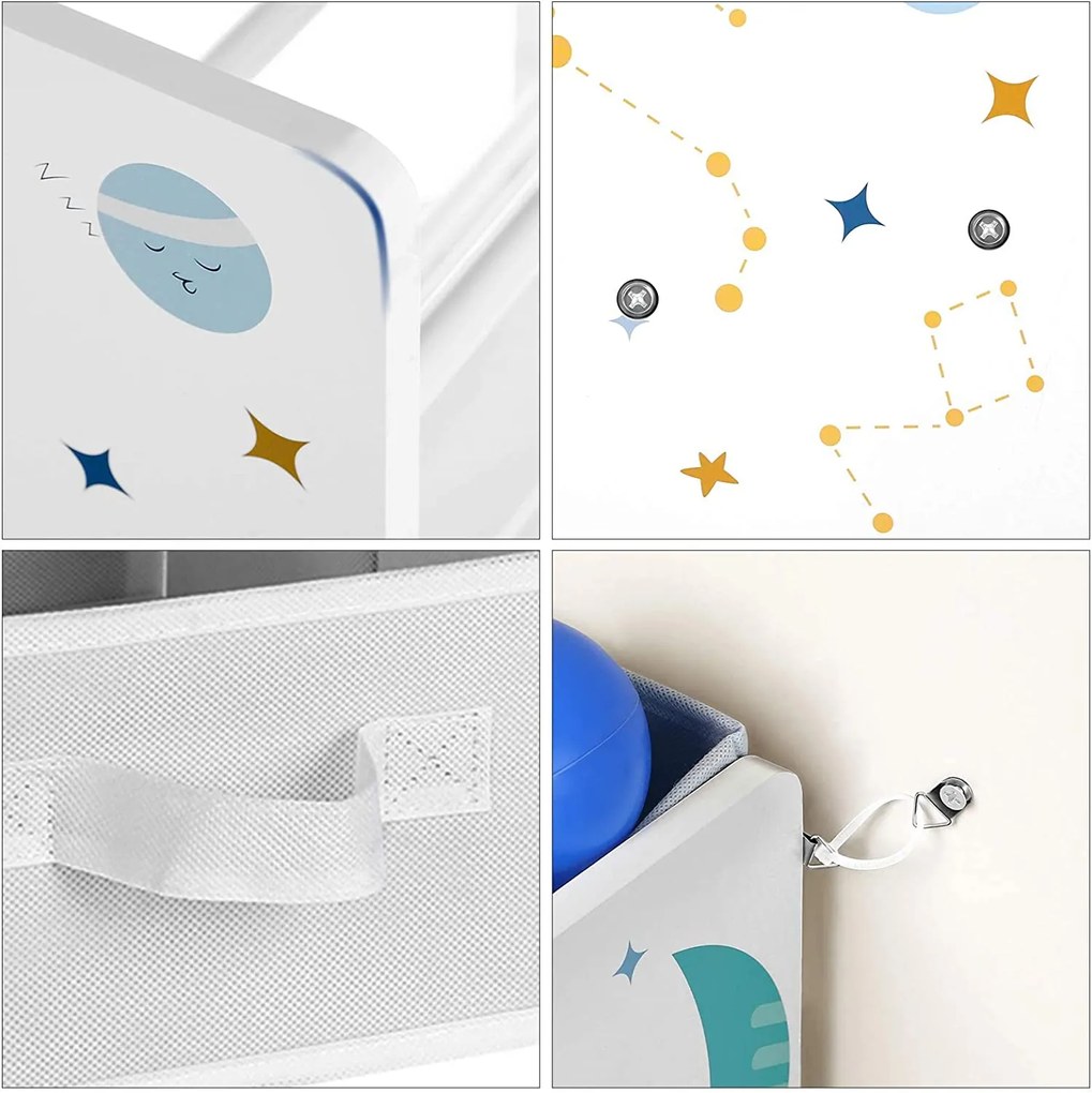 AZ UNIVERZUM játékpolc, 9 doboz, 62,5x29,5x60cm, fehér matricákkal SongmicsHome