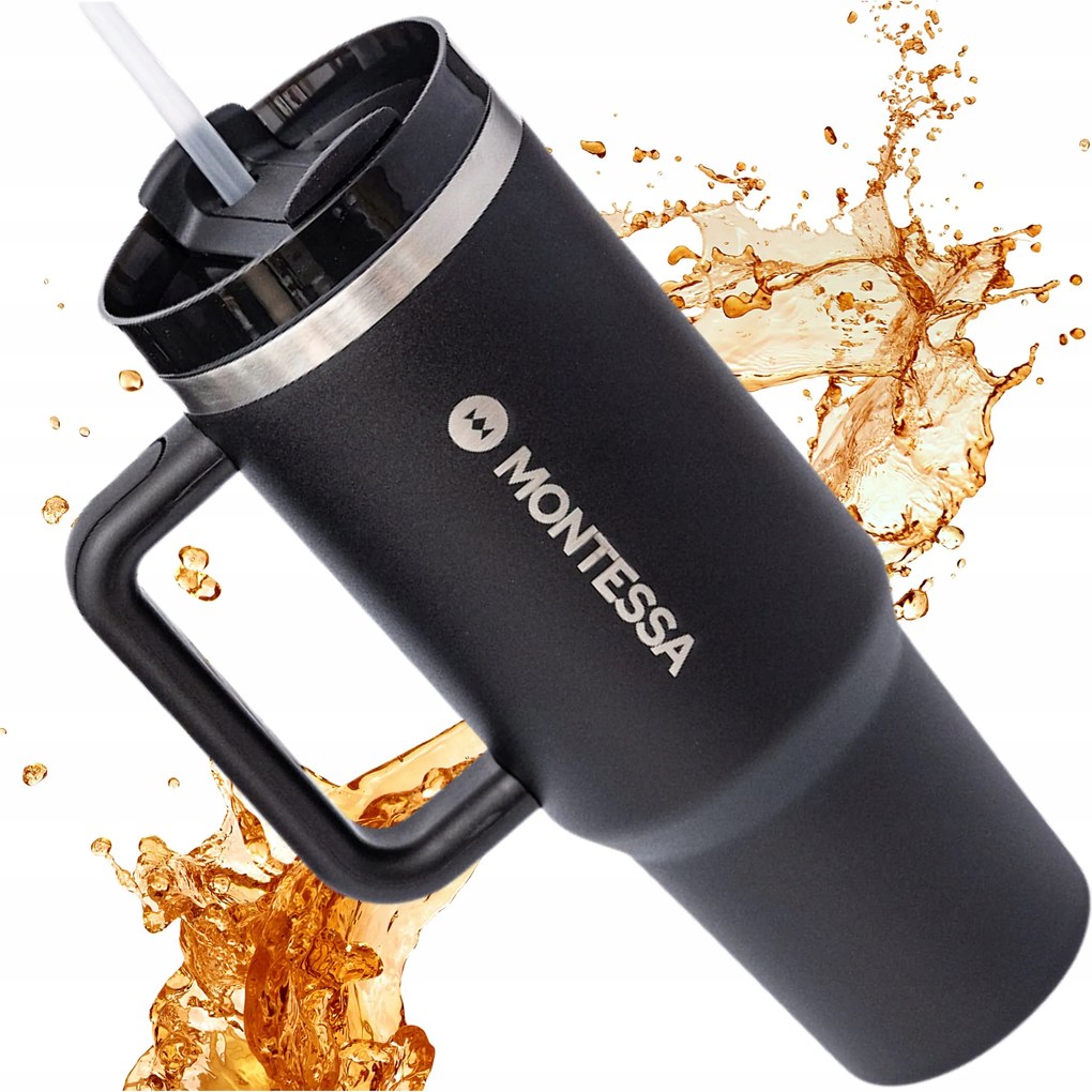 Thermo Bögre Szívószállal 1200 ML Termosz Kávétartóval Fekete Montessa