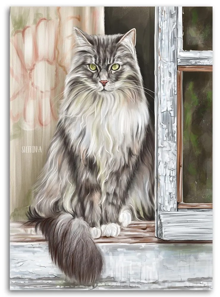 Gario Vászonkép Vidéki macska az ablakpárkányon - Svetlana Gracheva Méret: 60 x 90 cm