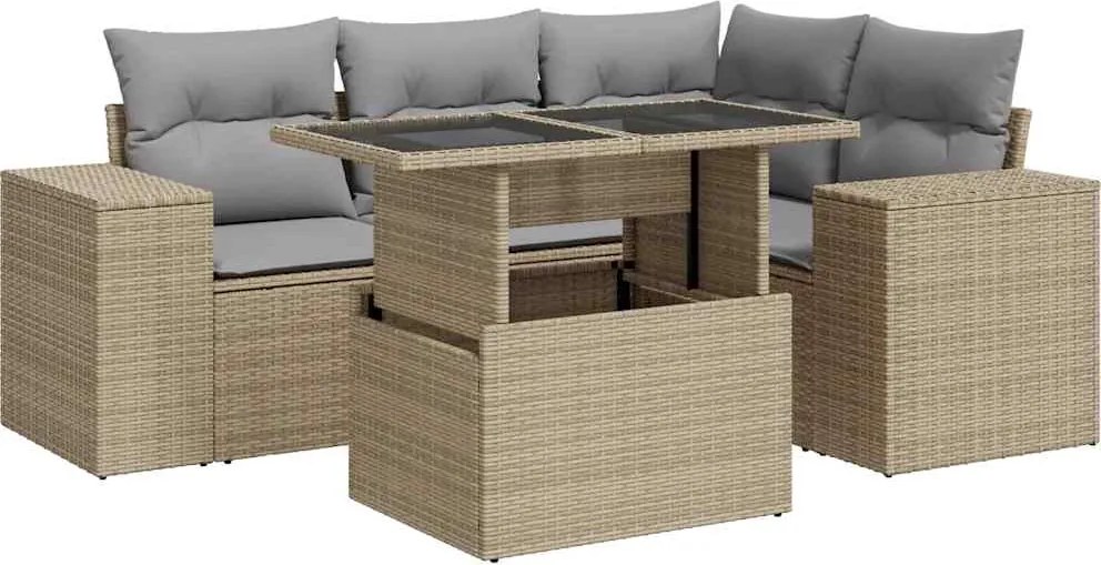 vidaXL 5 részes bézs polyrattan kerti ülőgarnitúra párnákkal