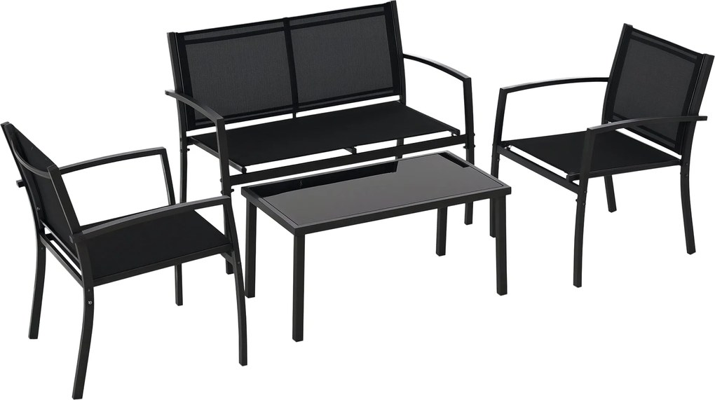 Outsunny 4 részes kültéri kert szett 2 székkel, 1 kétszemélyes kanapéval és fekete edzett üveg kávézóasztallal | Aosom