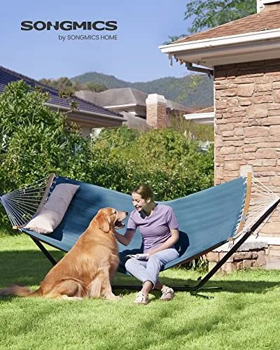 2 személyes párnázott kültéri függőágy, kemping függőágy, 200 x 140 cm, kék-bézs színű