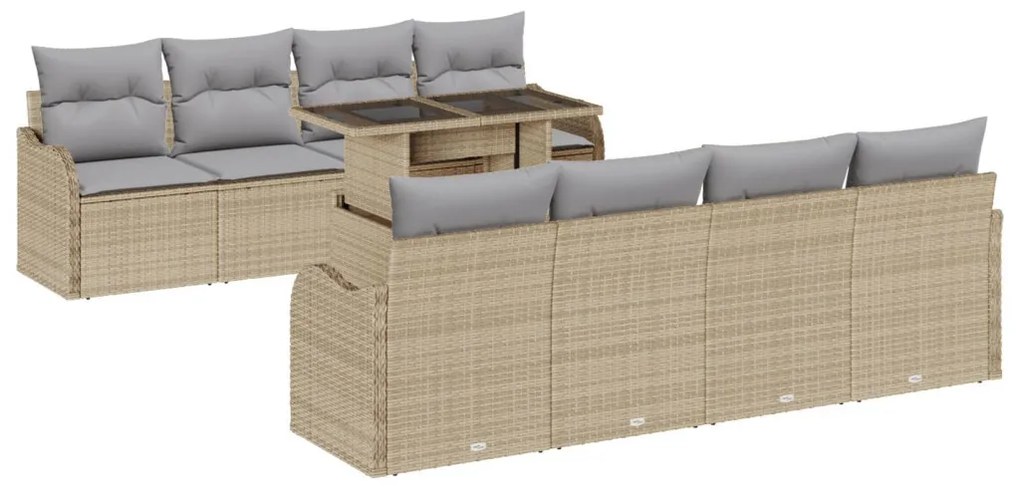 9 darabos kerti kanapészett párnákkal, bézs poly rattan, 2 fős kerti kanapé párnákkal, bézs poly rattan