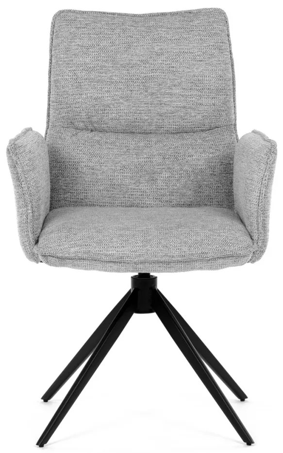 Scaun de dining rotativ, tapițat cu material textil gri, mecanism rotativ 360°, picioare metalice negre