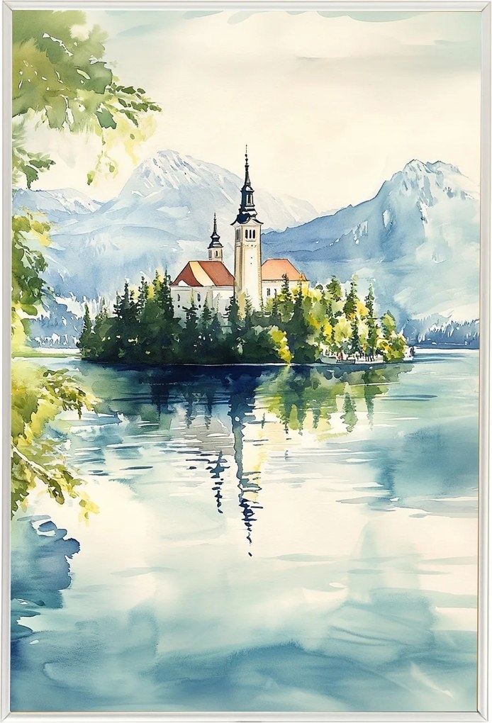 Poszter Keret Alumínium Tájkép Szlovénia Tó Hibás Templom Sziget 40x60