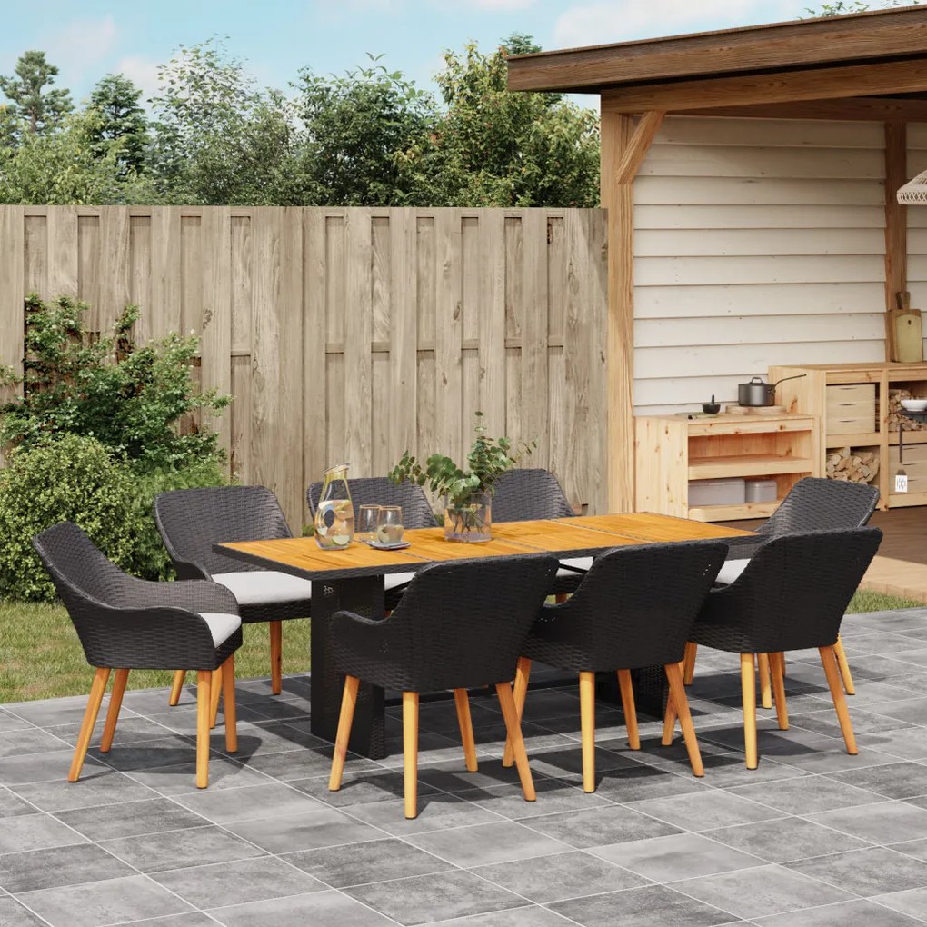 9 darabos kerti étkezőszett fekete polyrattan