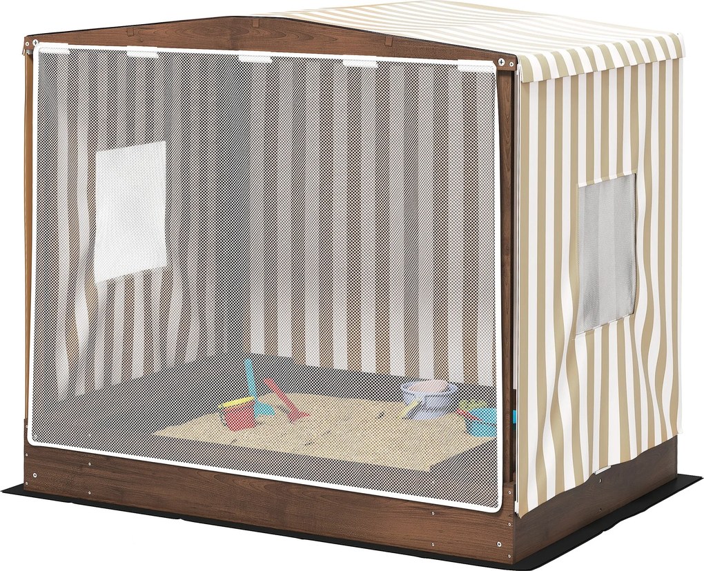AIYAPLAY Homokozó Napernyővel és Hálós Ajtóval, 142 x 101,5 cm-es Fa Homokozó Padokkal, Tárolóval, Talajvédelmmel, 4 Gyereknek 3-6 Éves Barna | Aosom