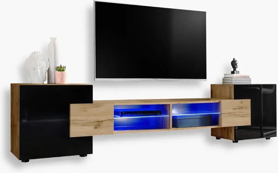 komodee Rtv szekrény Merano Front fényes üveg polcok Kék Led