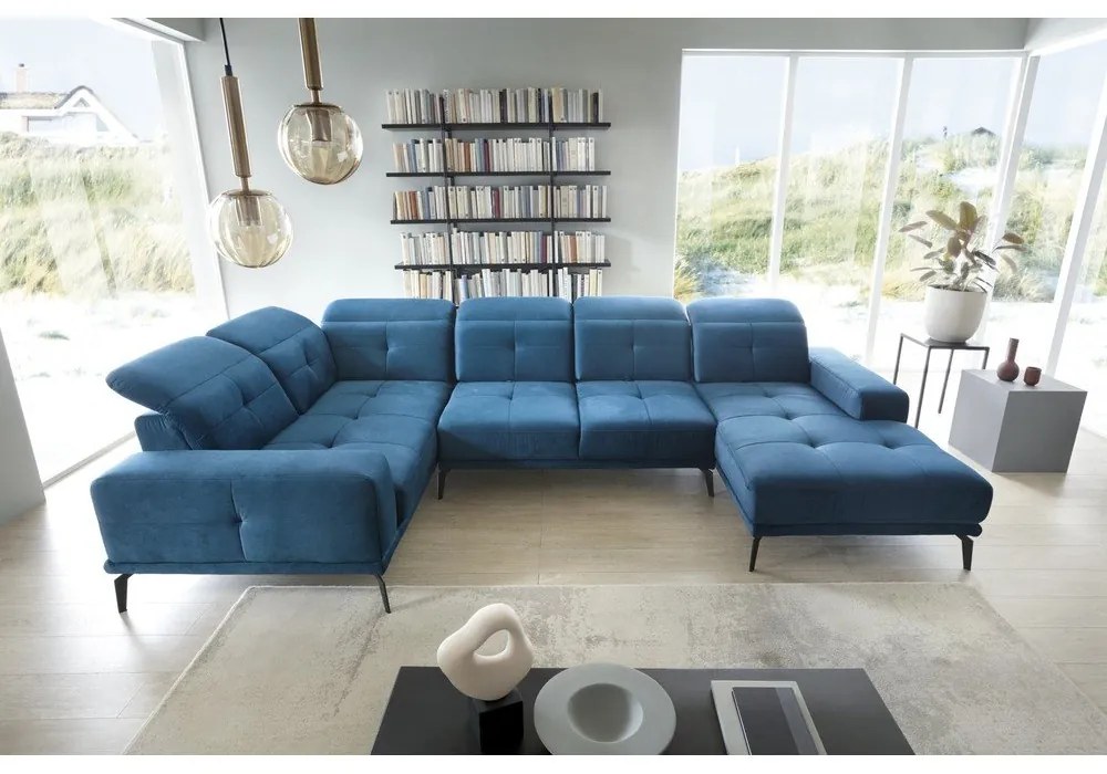 Kék bársony sarokkanapé (bal oldali-U alakú) Neviro – ELTAP