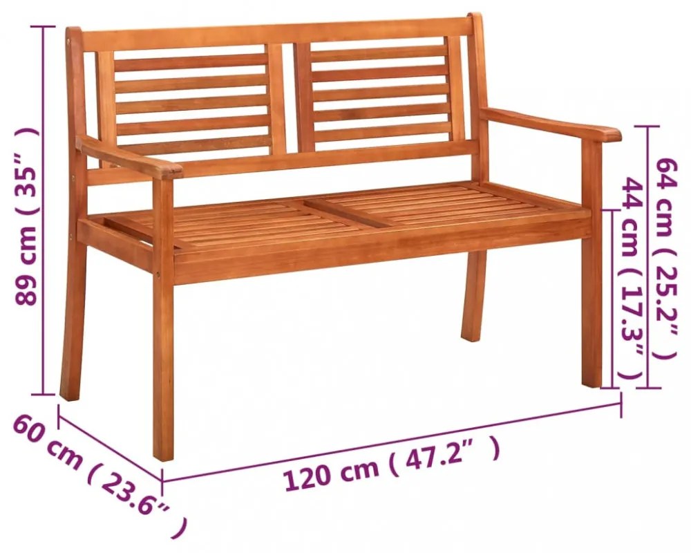 2 személyes tömör eukaliptuszfa kerti pad párnával 120 cm