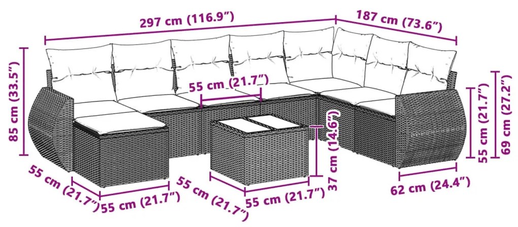 8-részes világosszürke polyrattan kerti ülőgarnitúra párnával