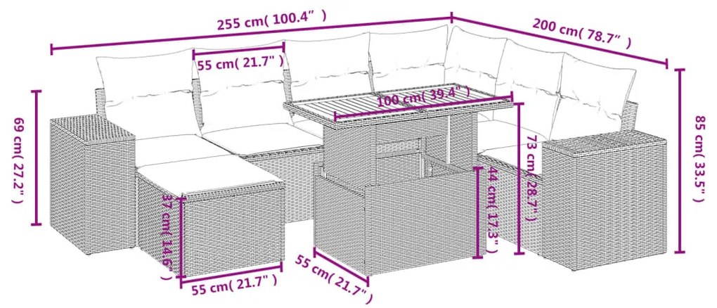 8 részes fekete polyrattan kerti ülőgarnitúra párnákkal