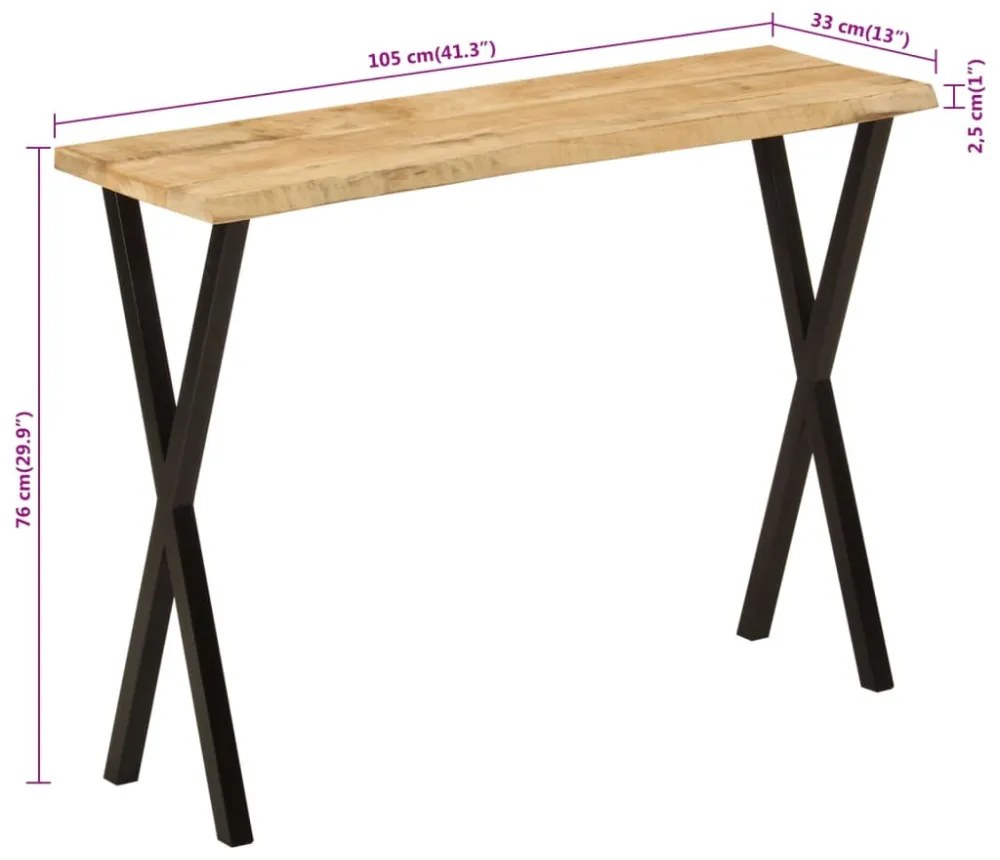 tömör mangófa konzolasztal természetes éllel 105 x 33 x 76 cm