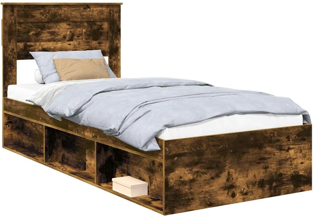 vidaXL Ágykeret fejtámlával Füstölt tölgy 90 x 190 cm Tömör fenyőfa