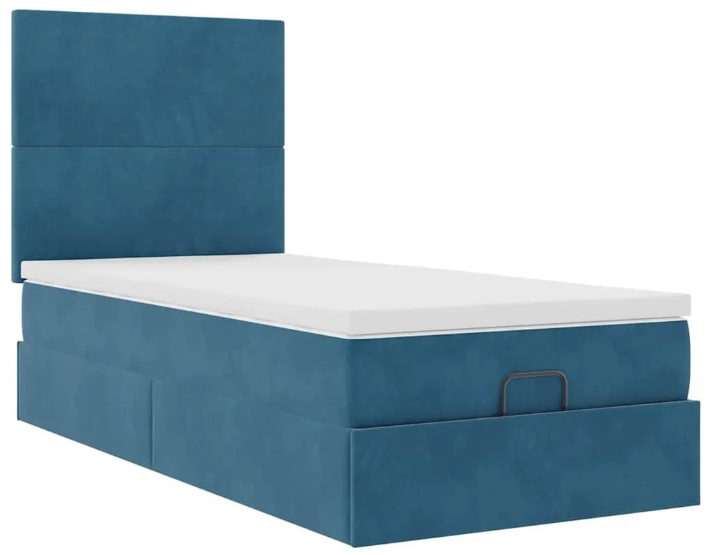 Ottomán ágykeret matracokkal sötétkék 90x190cm bársony
