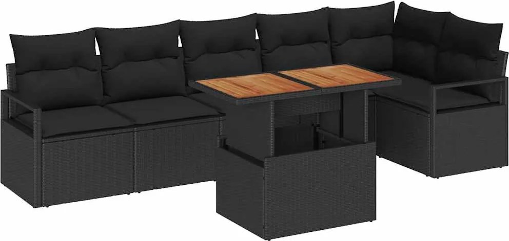 vidaXL Kerti Kanapé Szett tárolóval 7 pcs Fekete Poli rattan