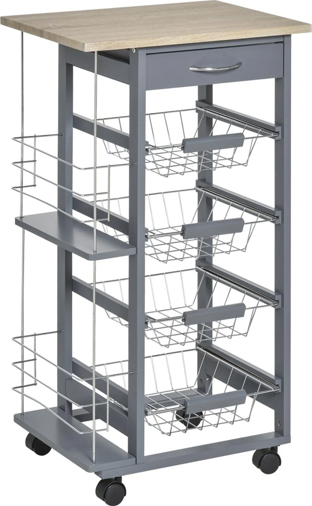 HOMCOM Helytakarékos Konyhai Kocsi Sötétszürkében, Ételkocsi, 1 Munkaasztal, 1 Fiók, 4 Fém Kosár, 47x37x83cm, Szürke | Aosom