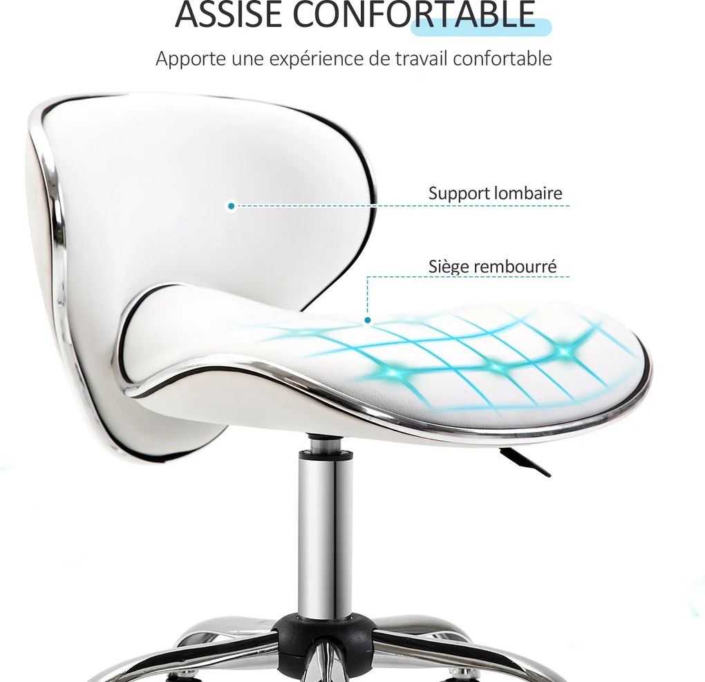 HOMCOM Görgős Pad Lábmunka Szék Állítható Magassággal 44-56 cm és Háttámlával, 360°-ban Forgatható Irodai Szék Masszázsszalonhoz, Irodához, Klinikához