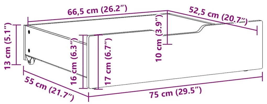 2 db tömör fenyőfa ágy alatti fiók kerekekkel 75 x 55 x 17 cm