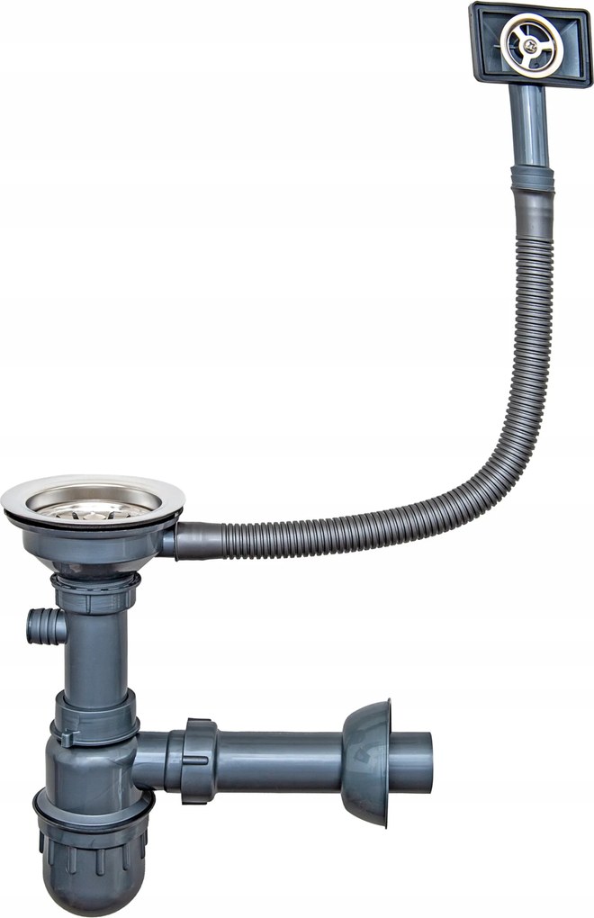 Króm falba építhető mosogató szifon, manuális, túlfolyóval, egykamrás mosogatóhoz