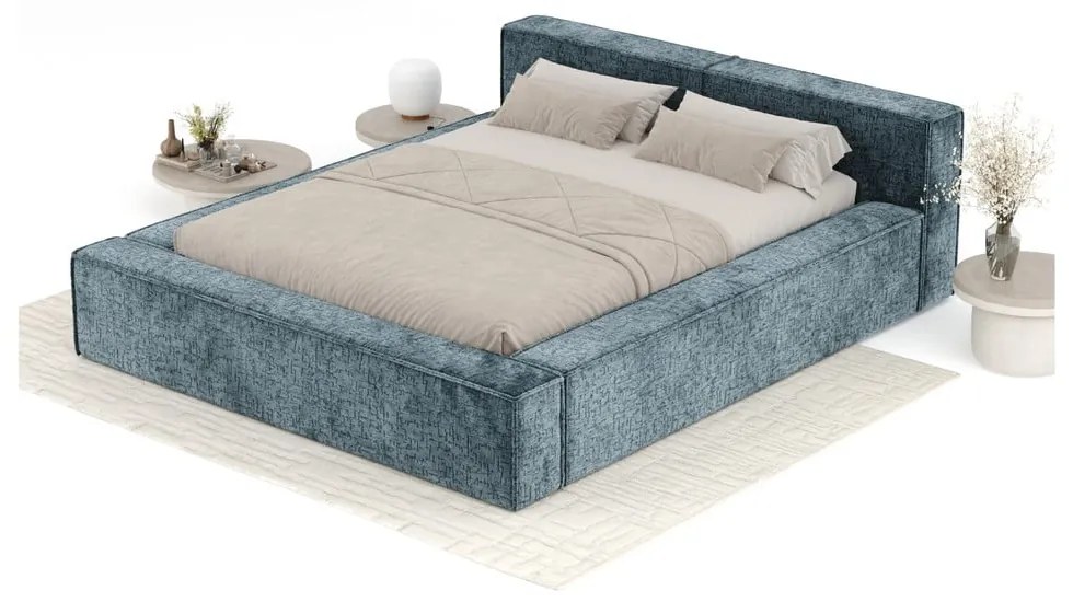 Szürkéskék kárpitozott ágyneműtartós franciaágy ágyráccsal 200x200 cm Voliera – Maison de Rêve