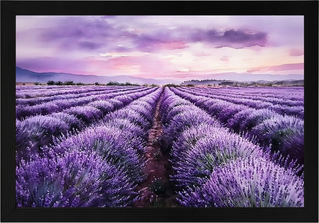Poszter Keret Fa Tájkép Mező Ültetvény Virágok Levendula Lila 60x40