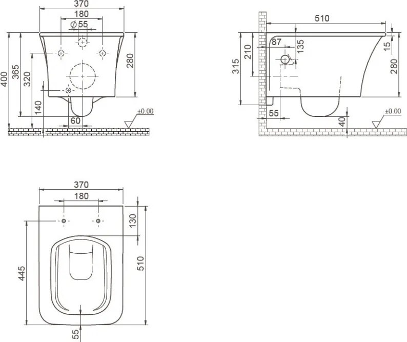 CeraStyle IBIZA fali WC - MATT FEKETE - BEÉPÍTETT bidé funkcióval - perem nélküli - 51 cm