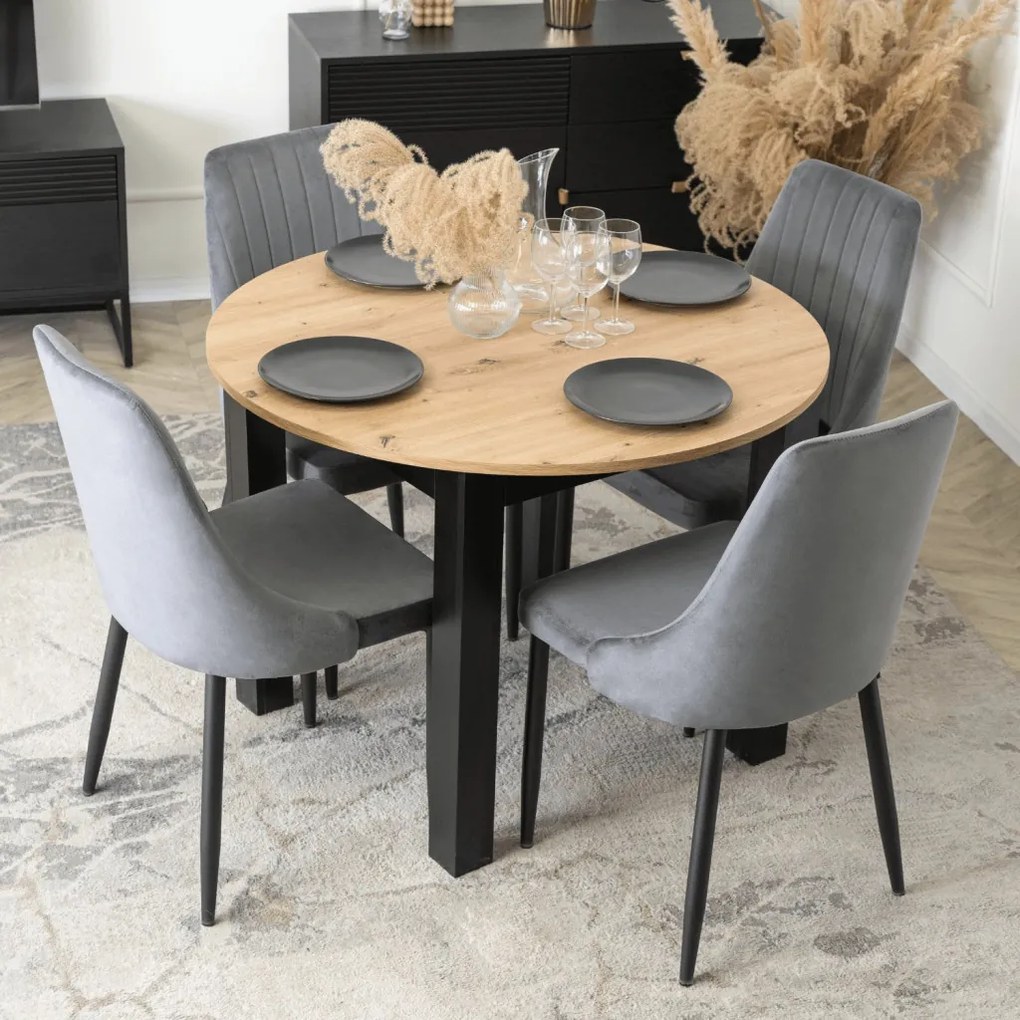 Étkezőszett HARRY asztal 102–142 cm artisan tölgy/fekete + 4 BARI szék szürke